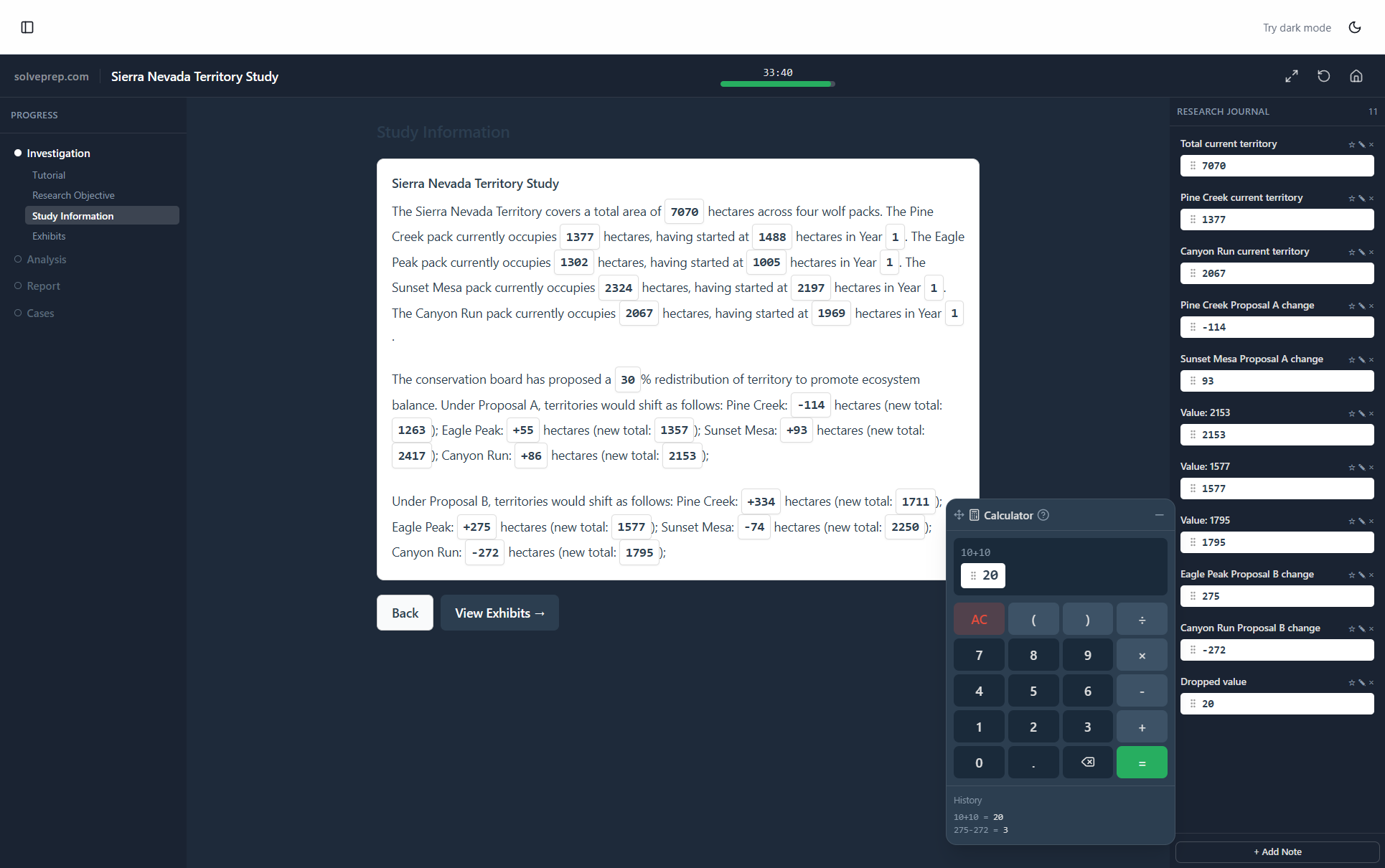 Red Rock simulator — study information phase with highlighted data values