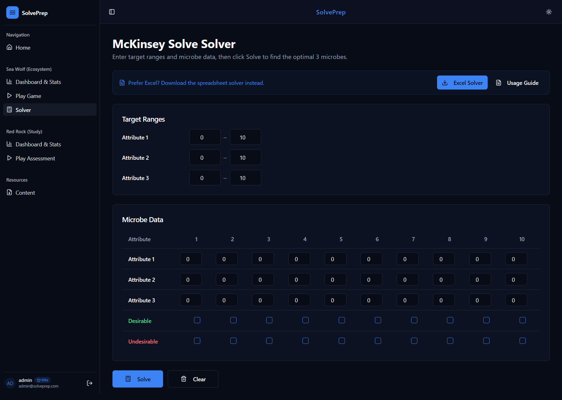 SeaWolf Solver interface preview showing target ranges, microbe data table, and solve controls